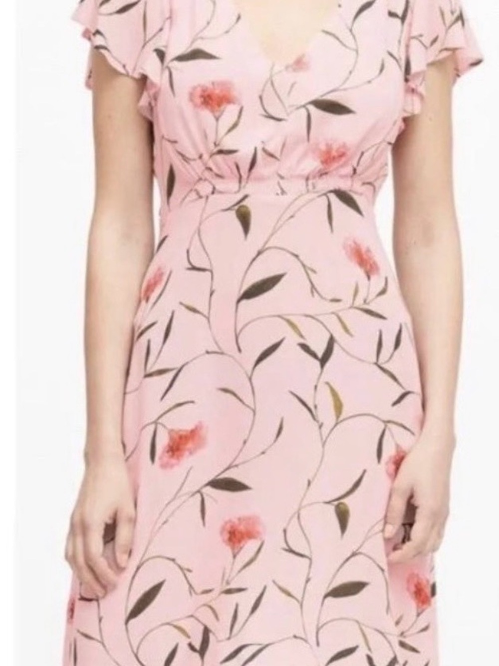 Banana Republic Rayon Pink Floral Split Ruffle Sleeve Midi Dress Size M